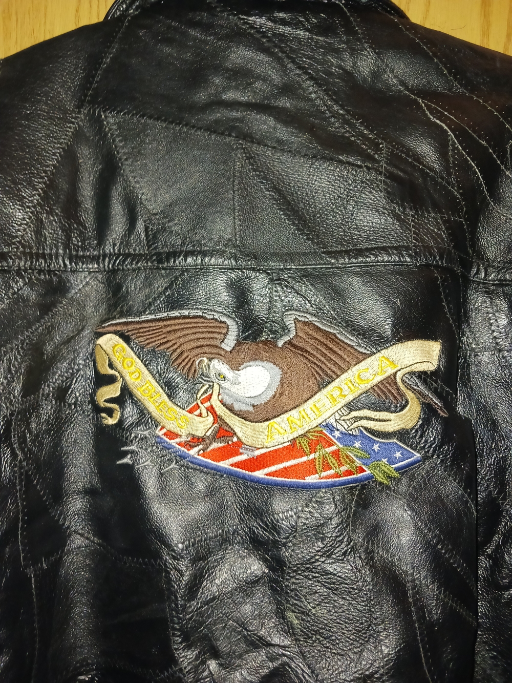 Men's Black Leather Jacket with Eagle Patch